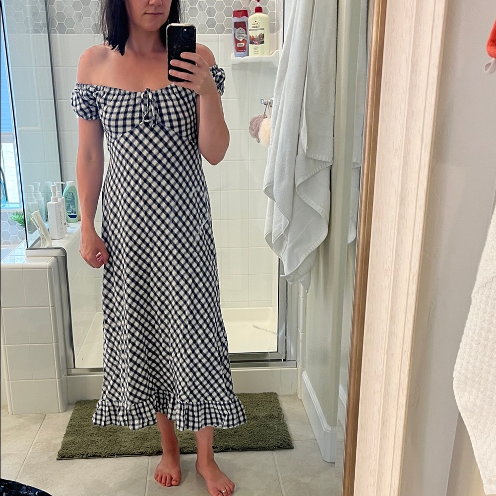 Navy & White Gingham Off-Shoulder Midi Dress — Size Small — $15
